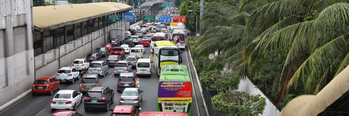 MANILA, PHILIPPINES - DECEMBER 8, 2017: Typical traffic congestion in Metro Manila, Philippines. Metro Manila is one of the biggest urban areas in the world with 24 million people.